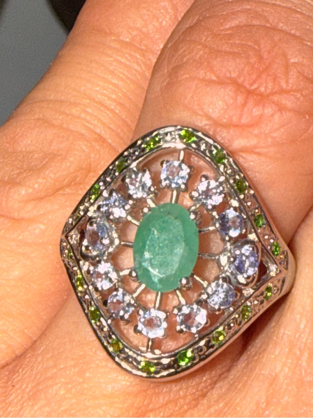 Natural Green Emerald Center Tanzanite Halo Cocktail Ring sz8/ 925